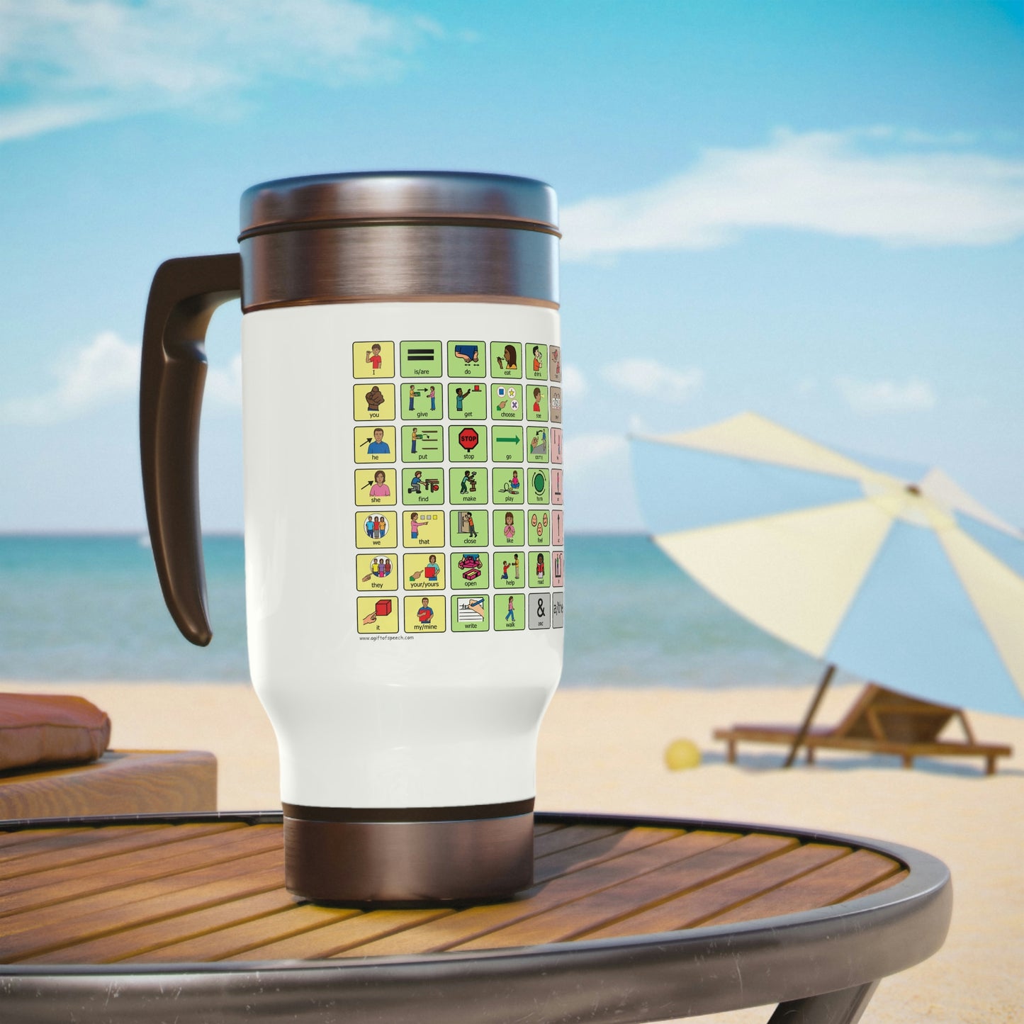 Talk Back with AAC Stainless Steel Travel Mug with Handle, 14oz