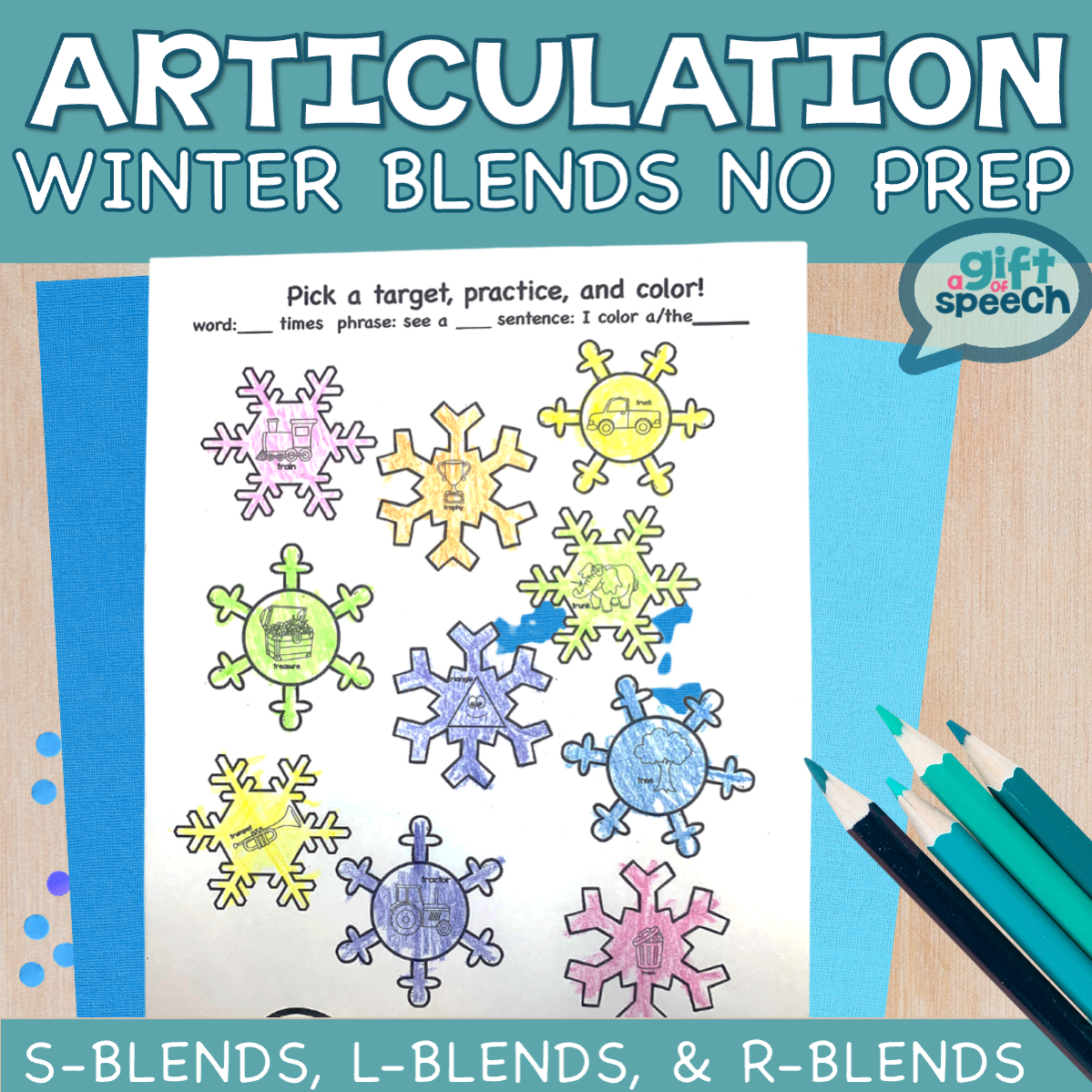 Winter Articulation no prep s-blends, l-blends, & r-blends print and go