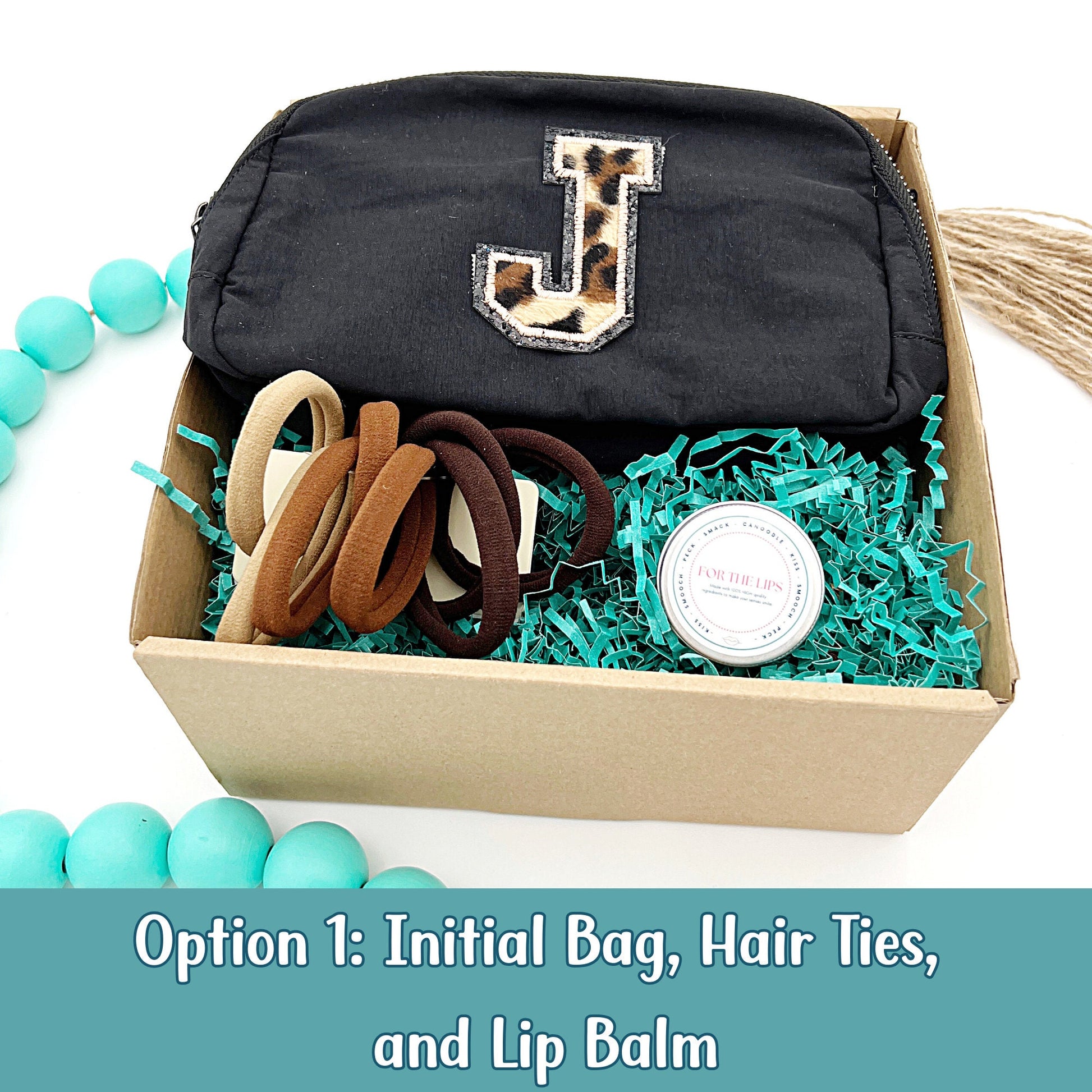 Happy Birthday gift box with personalized waist bag, lip balm, and hair ties.