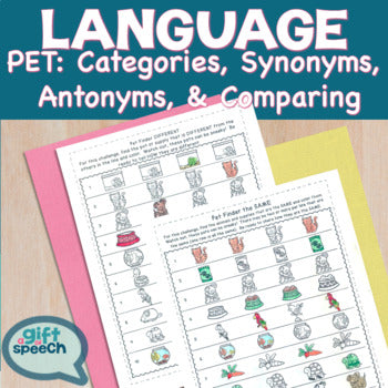 Pet Themed NO PREP Language Printables Categories, synonyms, antonyms, & more