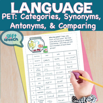 Pet Themed NO PREP Language Printables Categories, synonyms, antonyms, & more