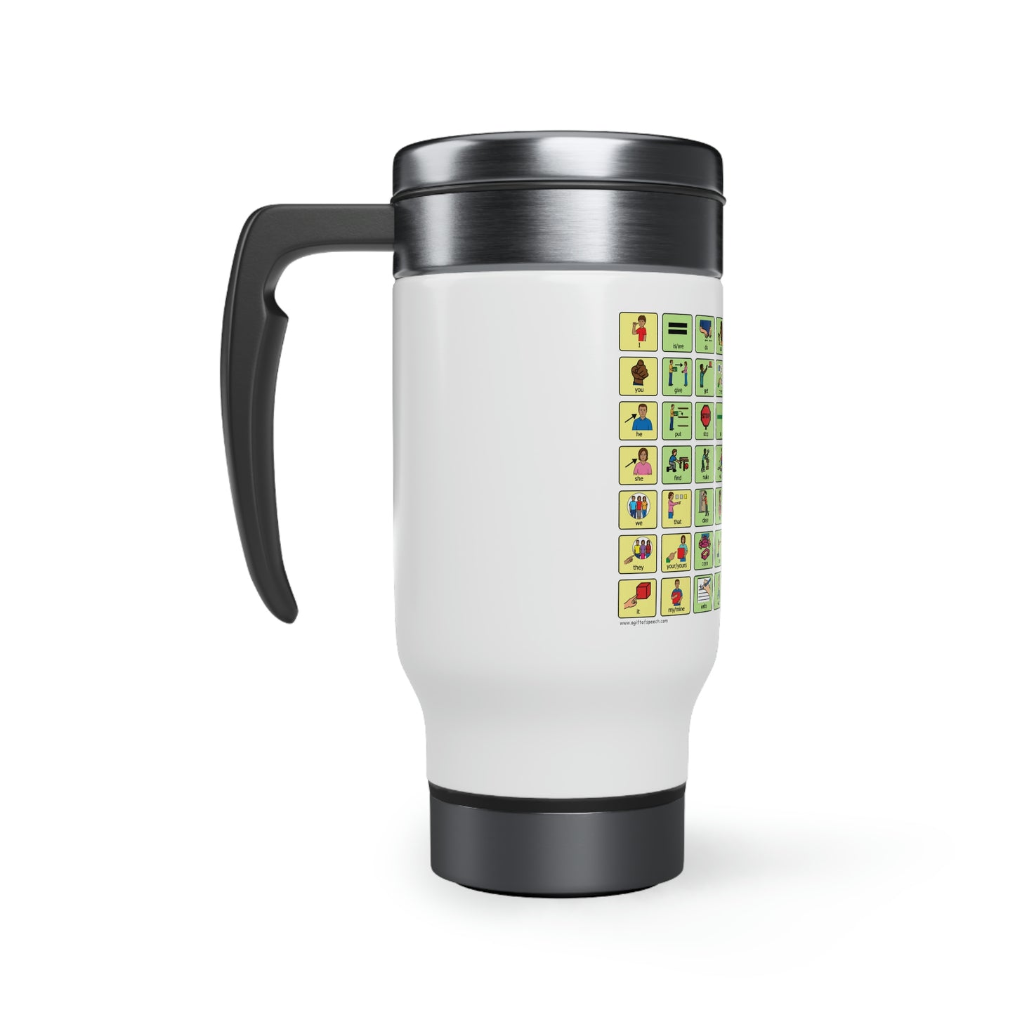 Talk Back with AAC Stainless Steel Travel Mug with Handle, 14oz
