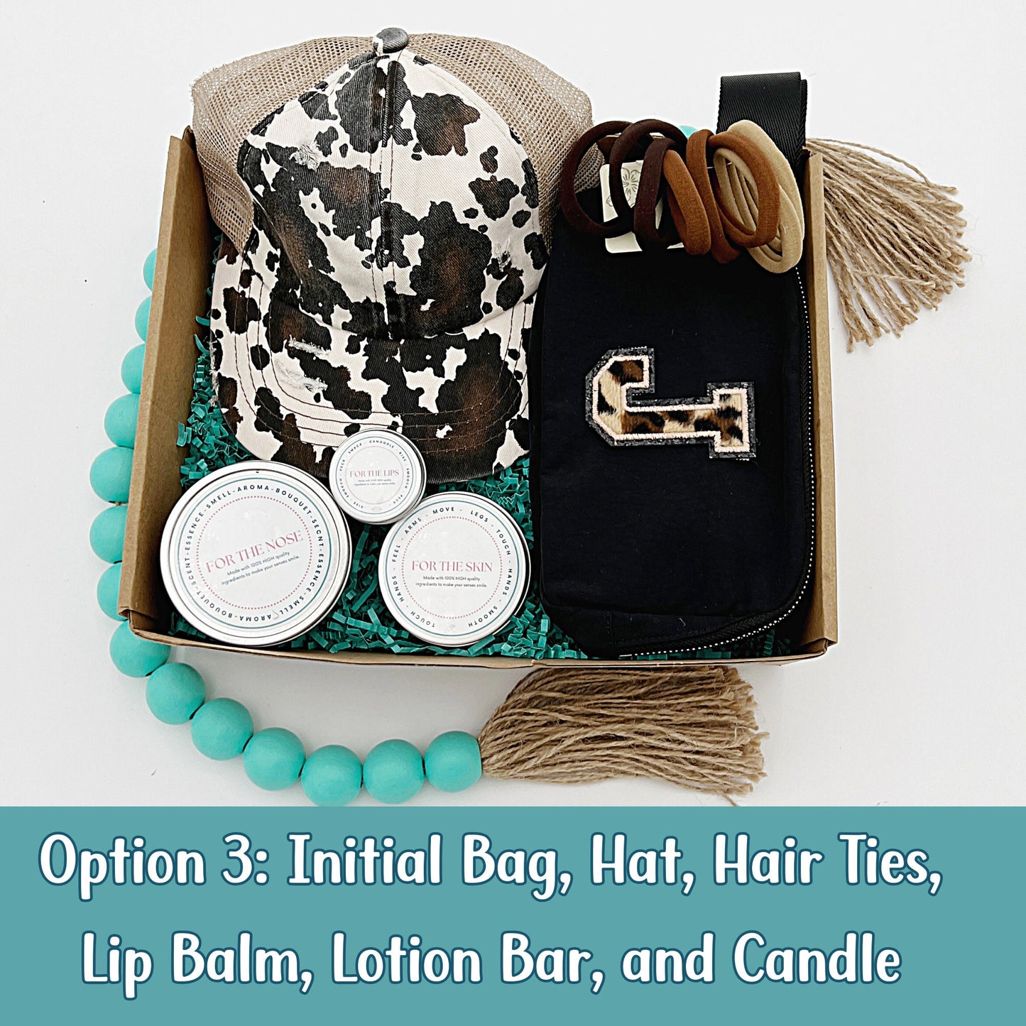 Best Friend gift box with custom name fanny pack, lip balm, candle, and hair ties.